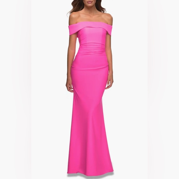 La Femme Long Off the Shoulder Ruched Neon Jersey Dress - Picture 3 of 3